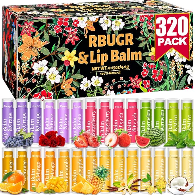 320 Pcs Lip Balm Bulk, 12 Flavored Pack of Lip Balms Natural Lip Balm Pack, Moisturising Organic Lip Balm Set for Cracked Lips, Bulk Gifts Stocking Stuffers Party Favors(4.2g/0.15oz)