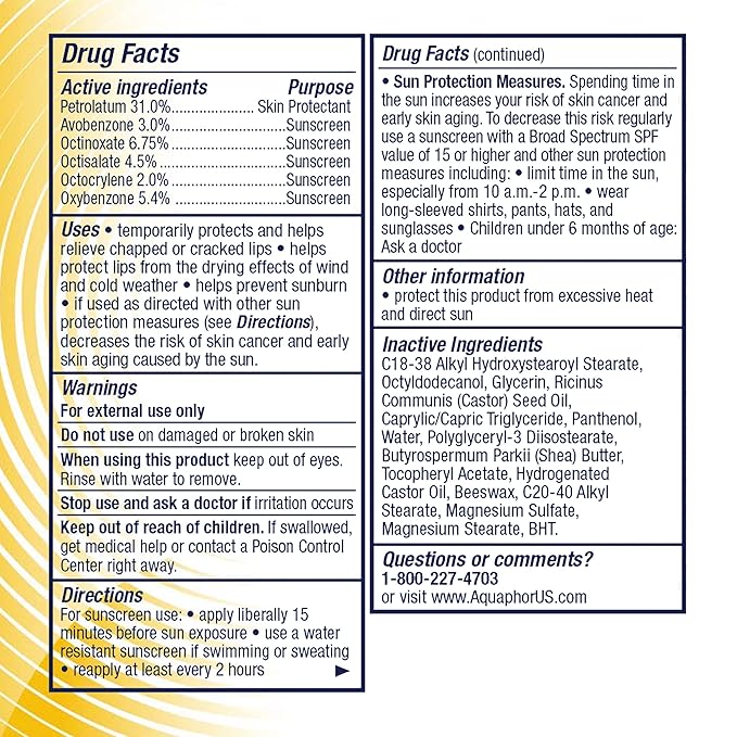 Aquaphor Lip Repair Stick with Sunscreen, Lip Protectant, Soothes Dry Chapped Lips, 0.17 Oz Stick, 2 Count (Pack of 2)