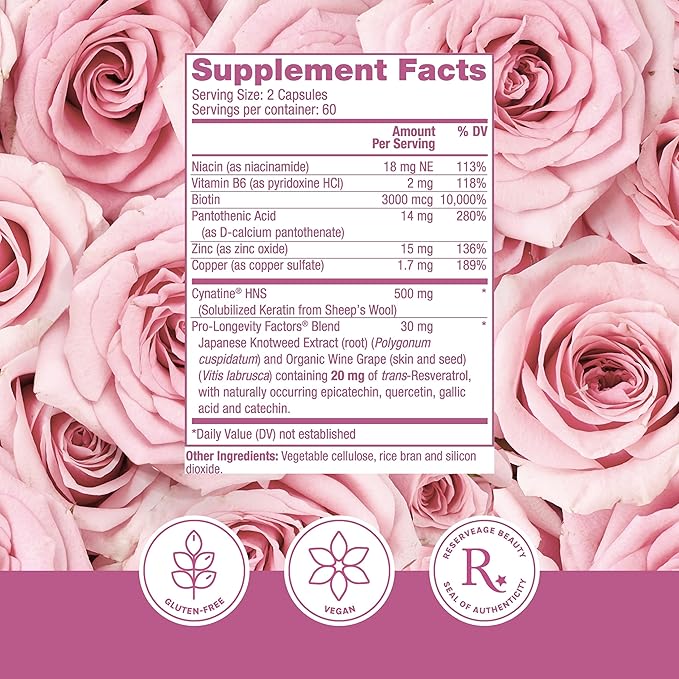 Reserveage Beauty, Keratin Hair Booster with Biotin & Resveratrol, Hair and Nail Growth Supplement for Men and Women, Supports Healthy Thickness and Shine with Biotin, 120 Capsules (60 Servings)