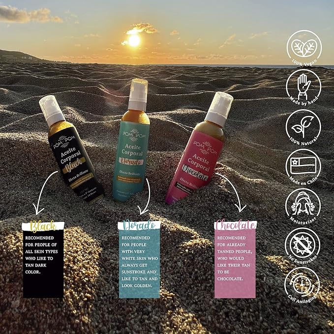 Tanning Oil Pompom - GOLDEN - 100% natural with vitamin E, Eco Friendly - 4 oz