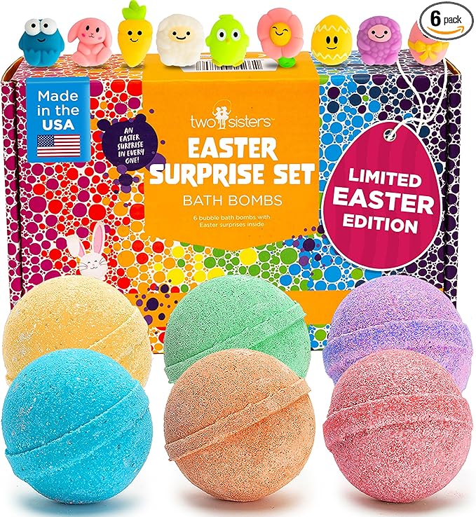Easter Bath Bombs for Kids with Surprise Toys Inside (6 Pack) - Easter Basket Stuffers for Boys and Girls - Large Spring Bubble Bomb, Made in USA, Incredible Fragrances & Colors by Two Sisters