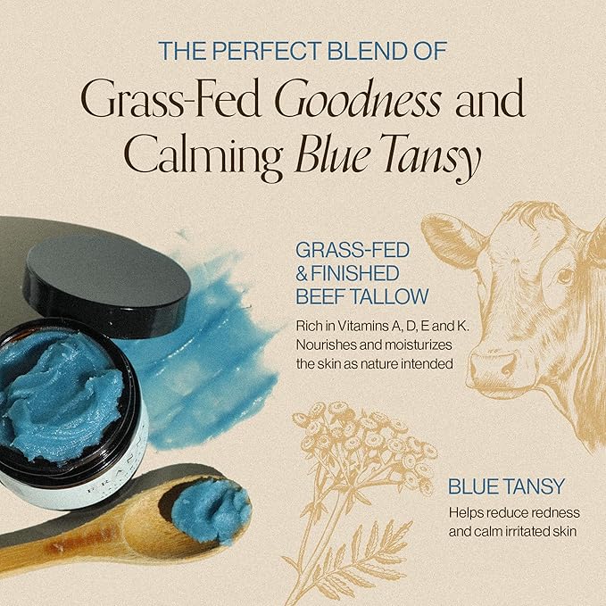 Beef Tallow For Face & Body | Grass Fed & Finished Beef Tallow Balm Infused with Essential Oils (Lavender, Jojoba) | Face Moisturizer to Revitalize and Nourish Skin - 2Oz