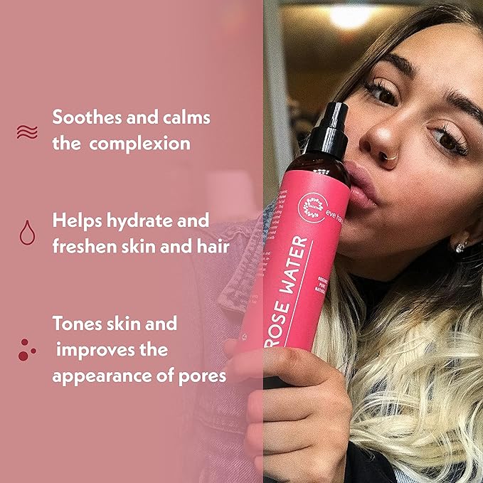 Eve Hansen Organic Rose Water Spray – Pure Rosewater Face & Hair Mist for Hydration & Refreshing Glow | Facial Toner & Makeup Setting Spray | Alcohol-Free & Vegan | 4 oz