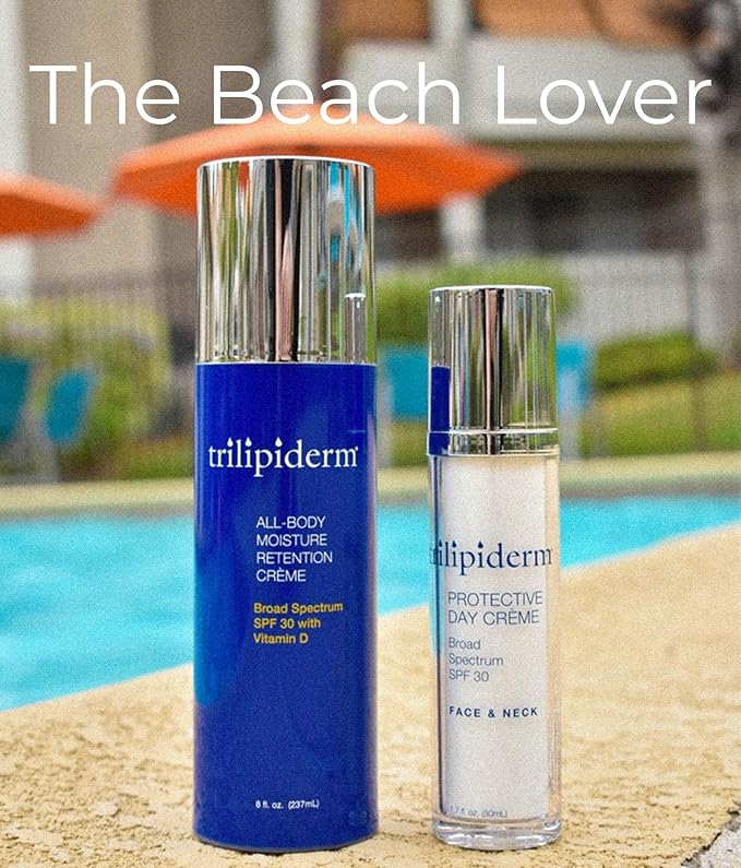 Trilipiderm Beach Lover Bundle- All-Body Moisture Retention Crème Sunscreen (8oz) & Protective Day Crème Broad Spectrum SPF 30 (1.7oz), Sunscreen Lotion UVA/UVB Set for Face, Body, Travel Size