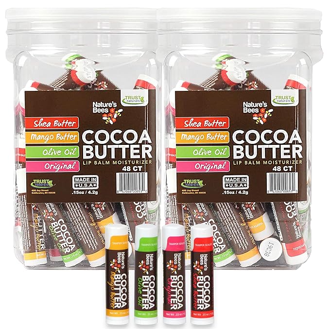 Nature's Bees - Cocoa Butter Lip Balm Moisturizer - Original 96 Pack, 4 Flavors - Original, Shea Butter, Mango Butter, Olive Oil - Made w/Coconut Oil, Beeswax, Vitamin E, Aloe - 0.15oz (4.2g)
