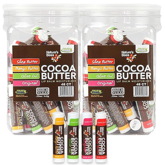 Nature's Bees - Cocoa Butter Lip Balm Moisturizer - Original 96 Pack, 4 Flavors - Original, Shea Butter, Mango Butter, Olive Oil - Made w/Coconut Oil, Beeswax, Vitamin E, Aloe - 0.15oz (4.2g)