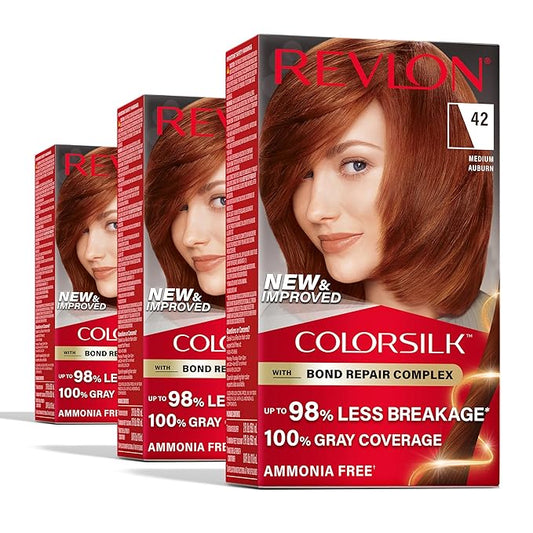 Revlon ColorSilk with Bond Repair Complex, Auburn Permanent Hair Color, 100% Gray Coverage, Ammonia Free Hair Dye, Vegan Keratin, 42 Medium Auburn (Pack of 3)
