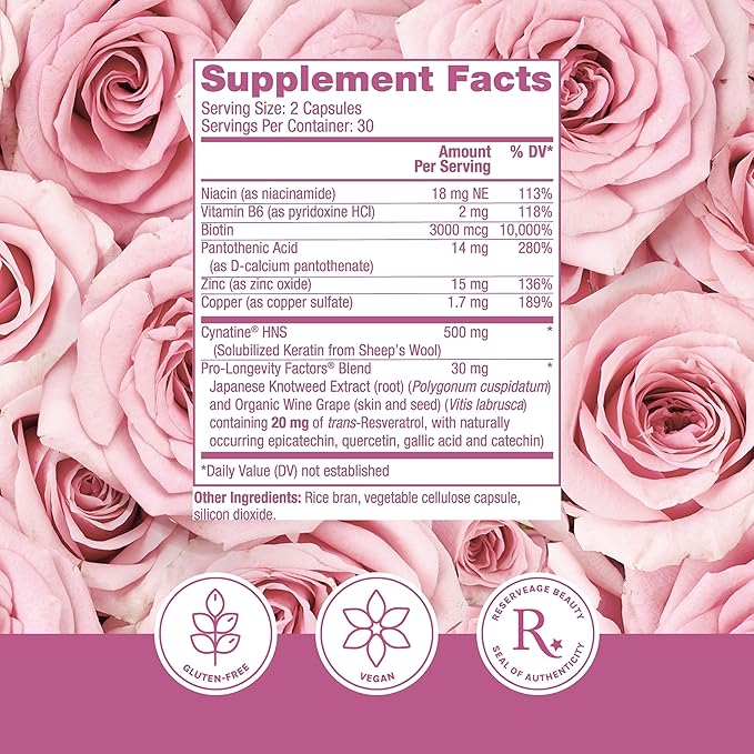 Reserveage Beauty, Keratin Hair Booster with Biotin & Resveratrol, Hair and Nail Growth Supplement for Men and Women, Supports Healthy Thickness and Shine with Biotin, 60 Capsules (30 Servings)