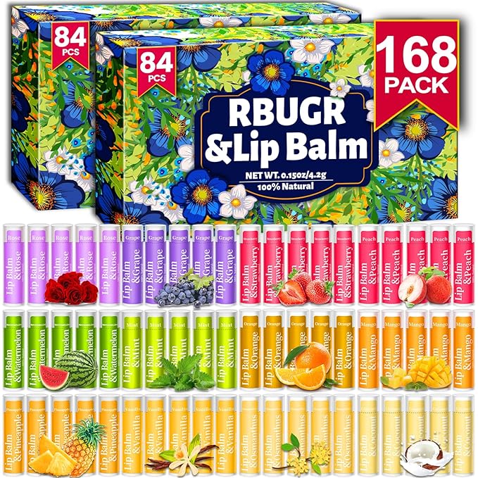 168 Pcs Lip Balm Bulk, 12 Flavored Lip Balm Pack for Women, All Organic Natural Bulk Lip Balms for Dry Cracked Lips, Moisturizing Lip Balms Gift Set(4.2g/0.15oz)