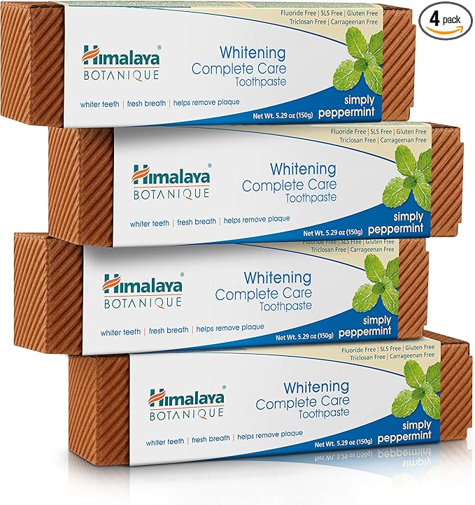 Himalaya Botanique Complete Care Whitening Toothpaste, Simply Peppermint, Fluoride Free for a Clean Mouth, Whiter Teeth and Fresh Breath, 5.29 oz, 4 Pack