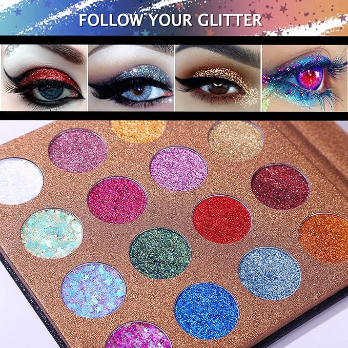 UCANBE Pro Glitter Eyeshadow Palette - Professional 16 Colors - Chunky & Fine Pressed Glitter Eye Shadow Powder Makeup Pallet Highly Pigmented Ultra Shimmer for Face Body