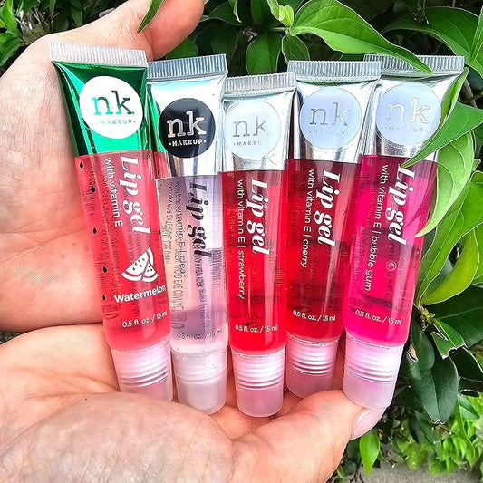 5 Pack Lip Gloss Set of Lip Gels - Clear, Watermelon, Strawberry, Cherry, and Bubble Gum Hydrating Lip Glosses with Vitamin E