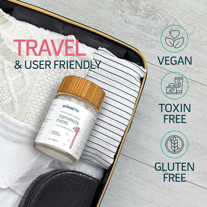 Primal Life Organics Premium Dirty Mouth Toothpaste Chews – Nano-Hydroxyapatite Whitening Toothpaste Tablets for Adults - Gluten Free, Vegan, Paleo - 60 Tablets in Jar - Polished Peppermint