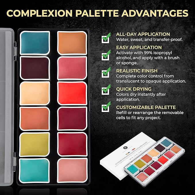 12-Color Complexion Alcohol-Activated Palette, Professional Quick Drying Waterproof SFX Makeup, Tattoo Cover