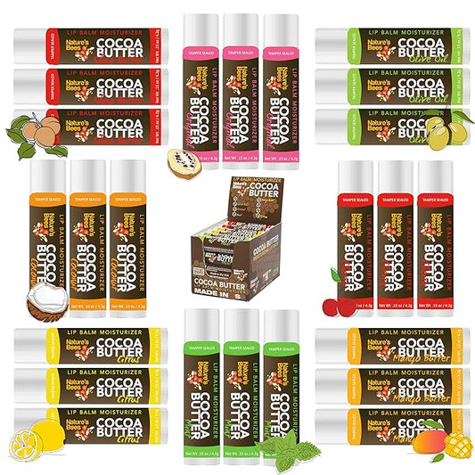 Nature's Bees 24 Pack Lip Balm, Natural Ingredient Lip Balm Bulk, Lip Care Product, Lip Balm for Dry Cracked, Lips, Made in the USA, 8 Flavors, 0.15oz (4.2 g)