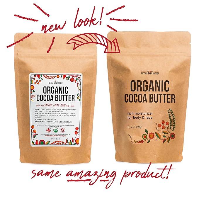 Organic Cocoa Butter Raw Unrefined - Food Grade USDA Certified - for Scars, Stretch Marks Cream - 100% Cocoa Butter Raw Organic for Skin Moisturizer, Lip Balm 8 oz