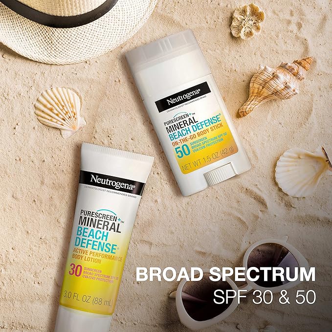 Neutrogena Purescreen+ Mineral Beach Defense Active Performance Body Lotion Sunscreen with Broad Spectrum SPF 30, Quick Drying and Water-Resistant 80 Minutes UVA/UVB Protection, 3.0 fl. oz