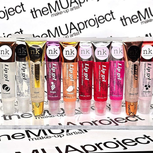 Bundle of 10 Lip Glosses - Gold, Rose Gold, Clear, Rosehip, Coconut, Grape, Mango, Strawberry, Bubble Gum, and Cherry Hydrating Lip Glosses with Vitamin E with a Glossy Finish