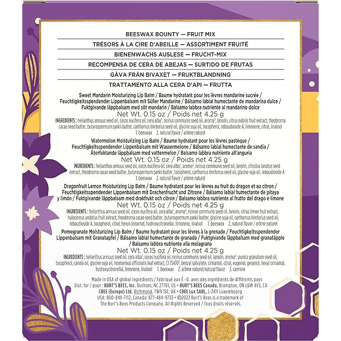 Burt's Bees, 4 Lip Balms, Beeswax Bounty Set, Pomegranate, Sweet Mandarin, Coconut And Pear & Watermelon