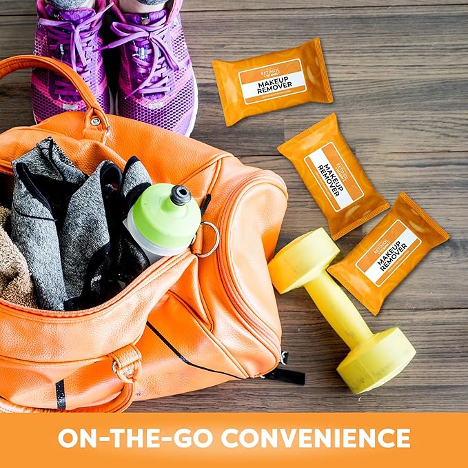 Retinol + Vitamin C Individually Wrapped Makeup Remover Wipes, travel essentials for Travel & On the Go, women facial cleansing towelettes, removes makeup mascara & sunscreen - 30 single face wipes