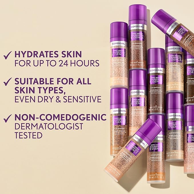 Covergirl Simply Ageless Skin Perfector Essence Foundation, 65 Tan-Rich, Tinted Skincare Makeup Hybrid, Sheer Tint, Radiant Finish, Glowy Finish, Vegan Formula, 1.0oz