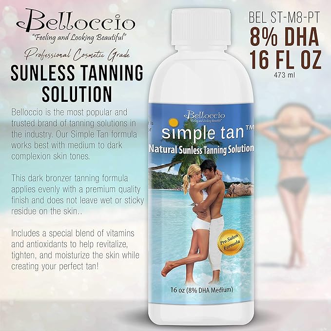 Belloccio Simple Tan Pint Bottle of Professional Salon Sunless Tanning Solution with 8% DHA and Dark Bronzer Color Guide