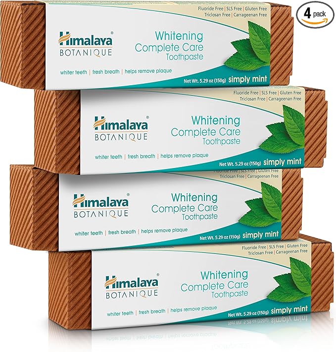 Himalaya Botanique Whitening Complete Care Toothpaste, Teeth Whitening, Fights Plaque, Fluoride Free, No Artificial Flavors, SLS Free, Cruelty Free, Foaming, Simply Mint Flavor, 5.29 Oz, 4 Pack