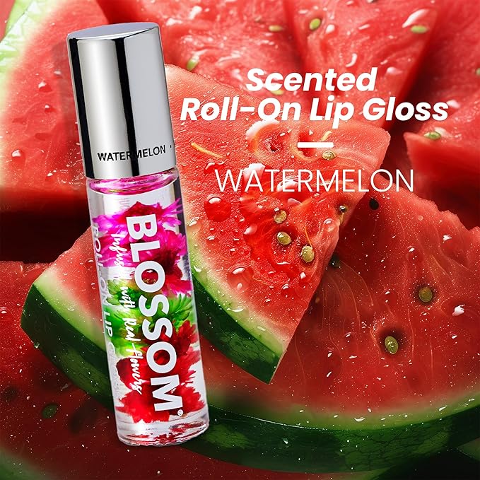 Blossom Roll on Lip Gloss, Scented Clear High Shine Moisturizing Lip Oil, Non Sticky, Infused with Real Flowers, Made in USA, 0.2oz, Watermelon