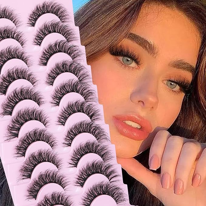 Mink Lashes 10 Pairs False Eyelashes D Lashes Natural Cat Eye Volume Faux Mink Lashes Wispy 18 mm 5D Thick Soft Eyelashes Pack by FANXITON