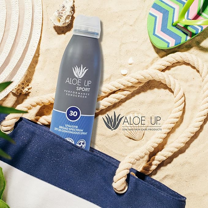 Aloe Up Sport Continuous Spray Sunscreen SPF 30 - Broad Spectrum UVA/UVB Sunscreen Protector for Face and Body - With Aloe Vera Gel - Fast Absorbing Sheer Formula - Reef Safe - Fragrance-Free - 6 Oz