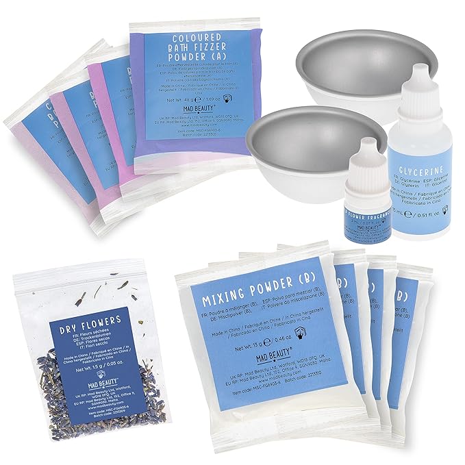 MAD BEAUTY Make It Your Own Bath Bomb Set (Up to 4 Bath Bombs), Self-Care DIY Kit, Floral Fragrance Oil, Dried Flowers, Reusable Molds, & Instructions