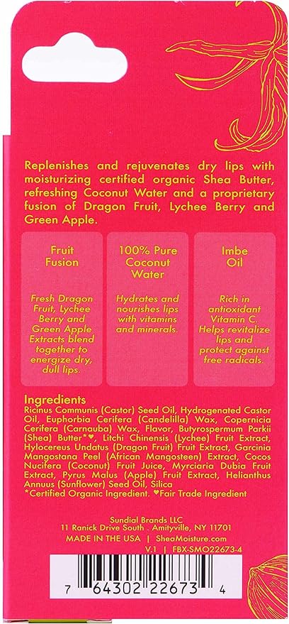 Shea Moisture Fruit Fusion Coconut Water Butter Lip Balm Care for Unisex, 0.5 Ounce