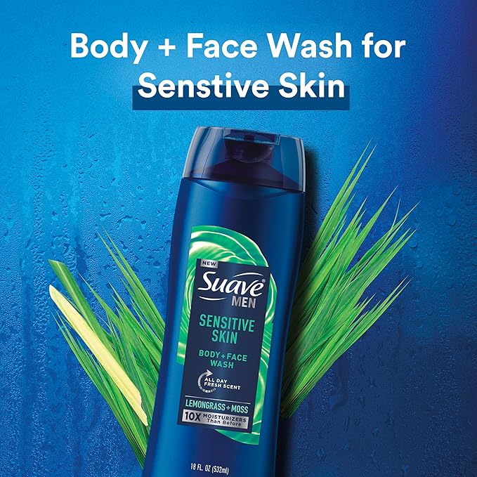 Suave Men Moisturizing Body & Face Wash for Sensitive Skin, Lemongrass scent, No Parabens, No Phtahaltes, 18 Oz Pack of 6